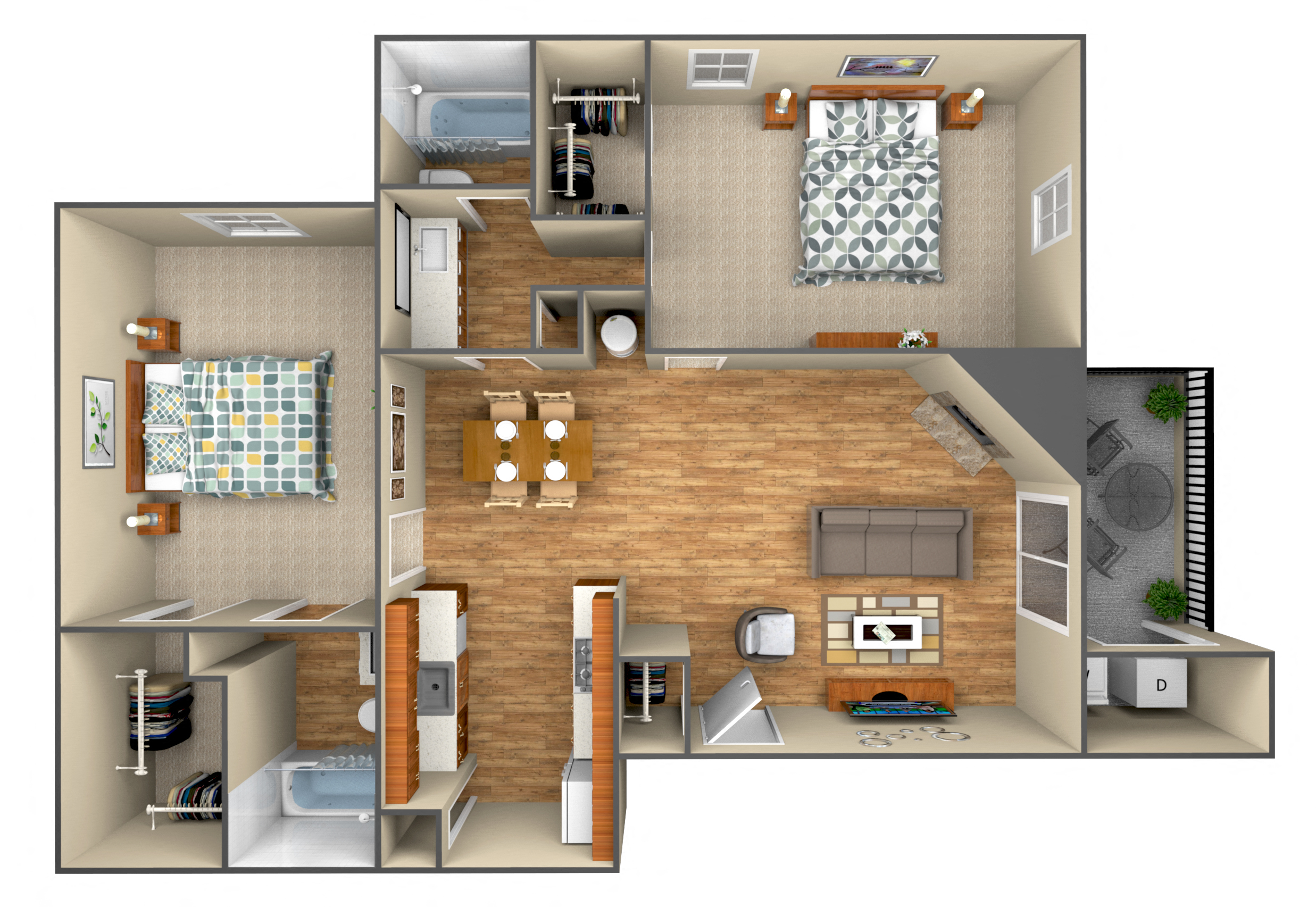 Floor plan for 2 beds, 2 baths, 950 sqft